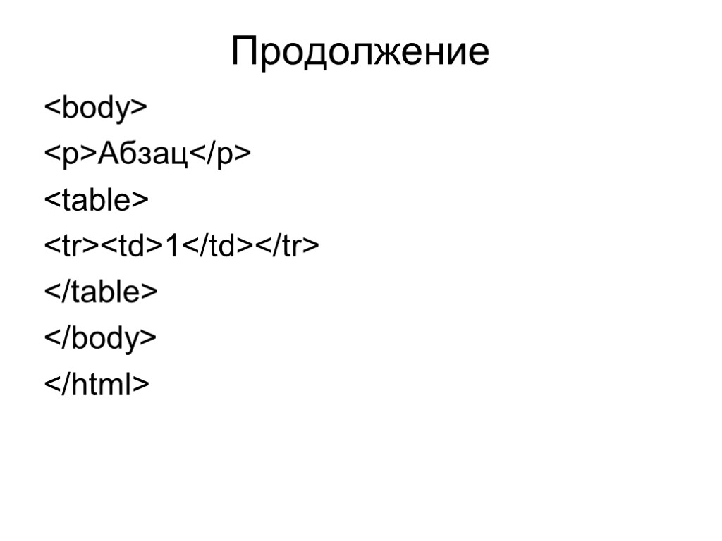 Продолжение <body> <p>Абзац</p> <table> <tr><td>1</td></tr> </table> </body> </html>